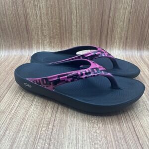 OOFOS OOlala Recovery Sandals Black Pink Geometric Women Size 11 EU 42 Flip Flop